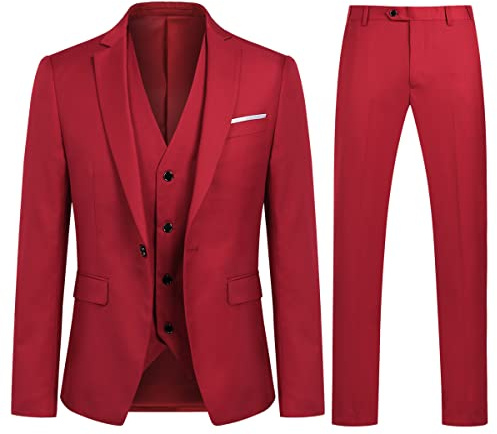 Sliktaa - Traje de 3 piezas para hombre, ajuste ceñido, formal, para boda, negocios, cena (Chaqueta, chaleco y pantalón), rojo, L