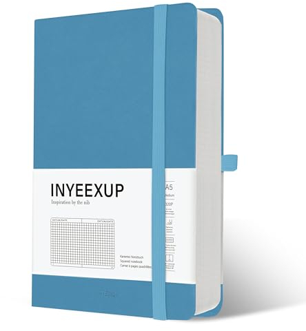 INYEEXUP Notizbuch Kariert A5, Journal Buch mit 320 Seiten, Notizheft a5 mit Premium 100gsm Tintenfestes Papie Dickes, PU HardCover Notizbücher mit Elastischem Verschlussband und Falttasche(Blau)