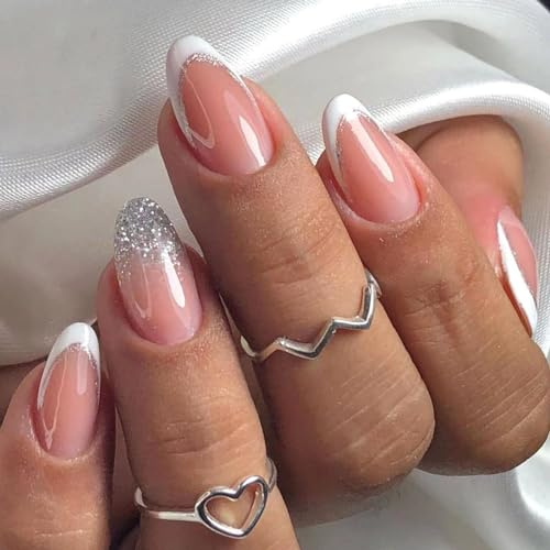 24pcs Short Almond False Nails French Tip White Edge Stick on Nails Glitter Silver Press on Nail Removable Glue on Full Cover Fake Nail Art Accessories for Women