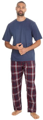 Mens Short Sleeve Pyjama Set Jersey Loungewear T-Shirt and Woven Check Pants Set Adults Nightwear (Denim-Burgundy, L)