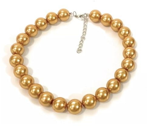 Caprilite 18mm Large Big Giant Faux Pearl Bead Statement Necklace Choker Vintage (Gold)