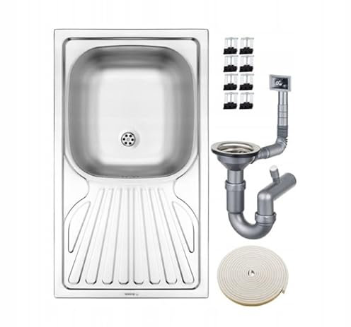 DomoDomo - Fregadero de cocina 1 seno con escurridor 76x43,5 cm, acero inoxidable satinado - fregadero sobre encimera resistente - fregadero de cocina pequeño y ligero