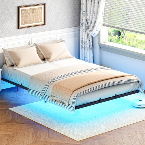 HOOBRO Lit 140 x 200 cm, Cadre de Lit avec éclairage LED et Station de Charge, Lit Double en métal avec Rangement, Cadre en Métal, Structure Robuste, Noir EBK022CDBF01