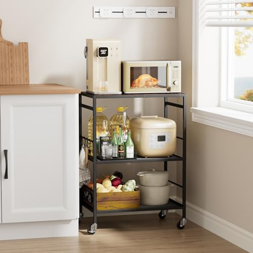 XIVIRACK Carrello da cucina (telaio nero + pannello nero, organizzatore mobile, ruote industriali (spazi piccoli), 3 livelli (40 x 60 x 84.7 cm)