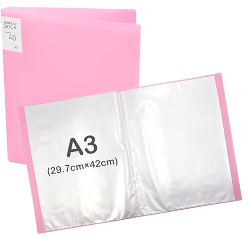 Aolkee Cartella A3, raccoglitore per documenti, formato A3, con 40 tasche, in plastica, per esposizione, certificati, pittura, opere d'arte (rosa)