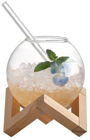 AOOOWER Taza de cristal transparente Ronud con soporte de madera, para cócteles, zumos de frutas, cristalería, vino, cócteles