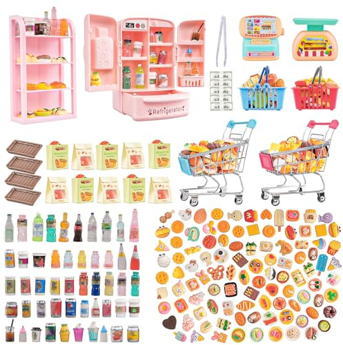 180 Pcs Dollhouse Miniature Kitchen Accessories Shopping Cart Basket Mini Food Drinks Dollhouse Store Grocery Supermarket Metal Handcart Party Model Shelves Cash Register Refrigerator