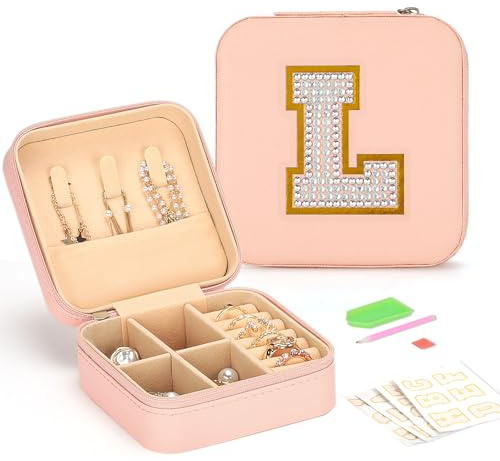 VINATO Boîte à Bijoux Voyage Personnalisable, Coffret à Bijoux avec Lettres Diamant DIY, Organisateur de Bijoux Portable en Simili-Cuir Rose Pâle
