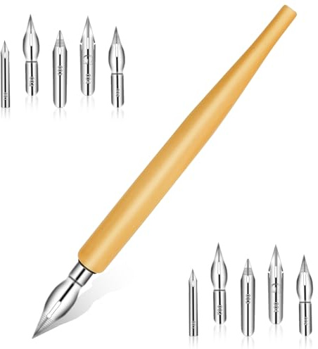 Trinkrittey Juego de 11 bolígrafos de cómic oblicuos para dibujo de caligrafía oblicua, soporte de madera con 10 puntas de repuesto de acero inoxidable para pintar, escribir y firmar