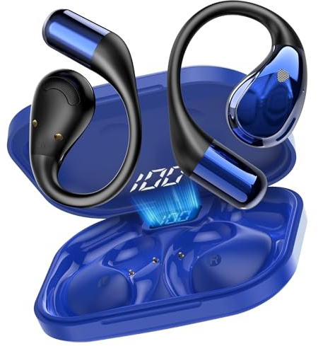 Écouteurs Bluetooth sans Fil, Bluetooth V6.0 Casque HiFi Stéréo avec ENC Mic, 40H Autonomie Ecouteurs Open-Ear, IP7 Étanche Casque Sport avec Crochet d'oreille pour Fitness/Musique/Appels, Bleu
