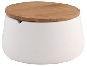 axentia Caja de algodón con Tapa Bonja Wellness, Dispensador de Discos de algodón, Caja para bastoncillos de dolomita con Tapa de bambú, Blanca/Madera