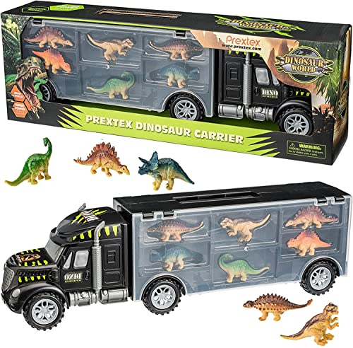 Prextex 40cm Traktor Anhänger Dinosaurier Spielzeug LKW Transportwagen mit 6 Mini Plastik Dinosaurier oder Strumpffüller für Jungen Mädchen und die Kinder im Herzen!
