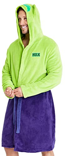 Marvel Mens Dressing Gowns with Hood, Super Soft Fleece Bathrobe Fluffy Dressing Gown Teenagers (L, Green Hulk)