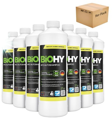 BiOHY Bilschampo (9 x 1l flaska) | Koncentrera utmärkt rengöringskraft och skumbildning Skyddande pärleffekt Skapar en bestående frisk doft (KFZ Autoshampoo)