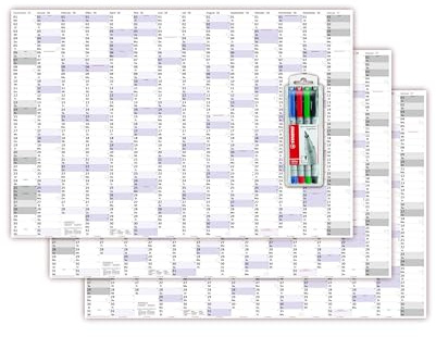 3 Stück XXXL Wandkalender Special A0 2026 nass abwischbar inkl. Stifteset vierfarbig (Format 120 x 80cm) Jahresplaner Wandplaner gerollt mit extra großen Tageskästchen