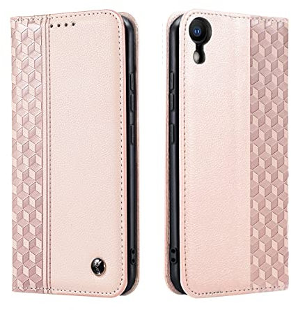 TOHULLE Case for iPhone XR, Premium PU Leather Wallet Case Card Holder Kickstand Built-in Magnet Shockproof Plaid Pattern Flip Folio Phone Case Cover for iPhone XR - Rose Gold