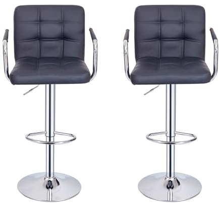 Panana Lot de 2 Tabourets de Bar, Chaises Haut, Hauteur Réglable, Revêtement en PU, Rotatif sur 360°, avec Accoudoirs, Dossier et Repose-Pieds, Pied Chromé (Noir)