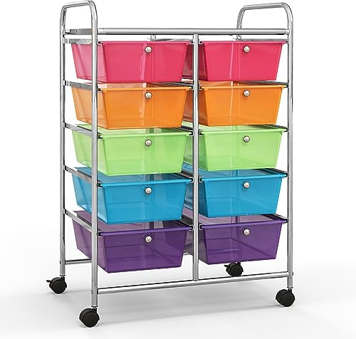 KOMFOTTEU Rollwagen mit 10/15 Schubladen stapelbar, Badrollwagen Rollcontainer mit Metallrahmen, Allzweckwagen Haushaltswagen Beistellwagen für Bad & Küche (Mehrfarbig, 10 Schubladen)