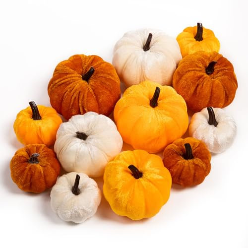 Benjia Pumpkin Autumn Decorations, Decorative Velvet Mini Small Outdoor Foam Plastic Fake Faux Artificial Pumpkins for Fall Harvest Festival Halloween Thanksgiving Home Table Decor (12 Pcs, Orange)