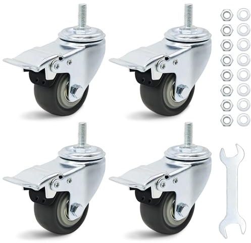 Forhandy 4 ruedas giratorias de 50 mm (2 pulgadas), ruedas dobles con rosca M8 x 20 mm, ruedas de goma antideslizantes silenciosas, giratorias 360°, ruedas de carga pesada con freno, capacidad total