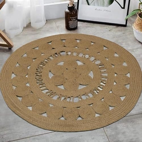 The Home Talk Jute Area Rug 3 Feet Round, Rustic or Boho Style Handwoven Natural Fiber Door Mats, Soft and Durable Rugs Adds Texture and Warmth to Living Room, Bedroom, Dining Room, Kitchen