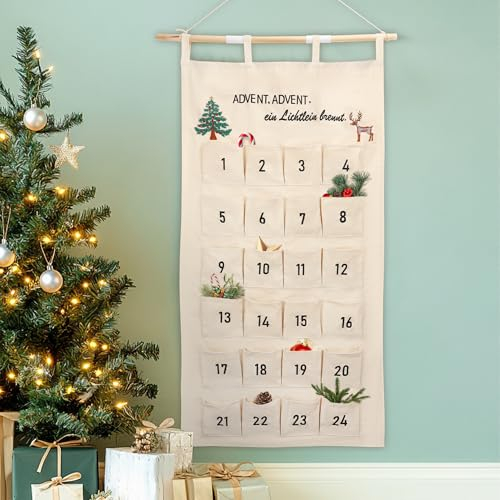 DazSpirit Adventskalender aus Stoff mit gesticktem Adventsreim – Adventskalender zum Befüllen mit 24 großen Taschen, hochwertig bestickt – Perfekte Familienweihnachtsdekoration und Geschenkidee