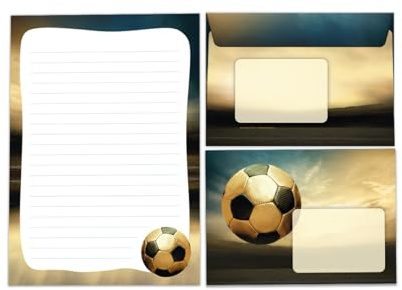Juego de papel de carta con sobre para niños y niños, diseño de fútbol dorado, bloc de hojas a rayas (bloc A5 con 25 hojas + 15 sobres)
