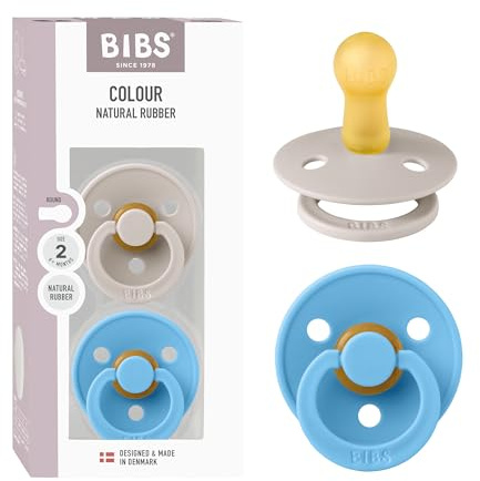BIBS Colour Dummy, 6-18 Months, 2-Pack, Round Teat, Mushroom/Breeze | Natural Rubber Latex | Size 2 | BPA-Free | Made in Denmark | High Teat Acceptance | Airflow Holes | Comfort Shield