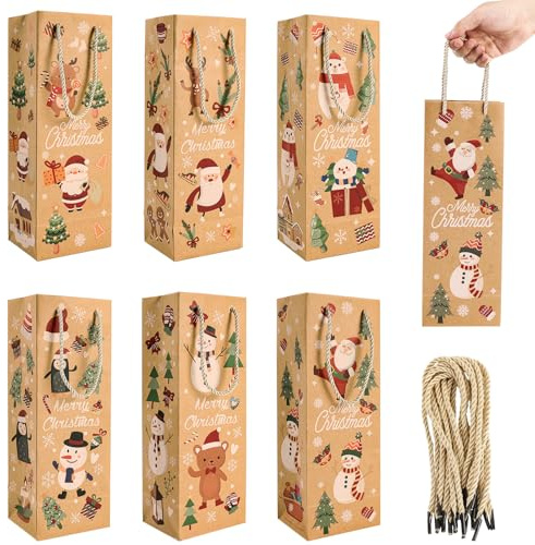 ONBAGLST Christmas Wine Bottle Bags, 12 Pcs Xmas Kraft Paper Wine Bottle Bags for Christmas Gifts