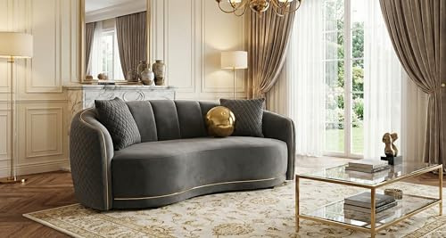 Generico Divano 3 Posti in Velluto Grigio Scuro – Design Curvo Trapuntato con Accenti Dorati – Divano Moderno ed Elegante per Soggiorno