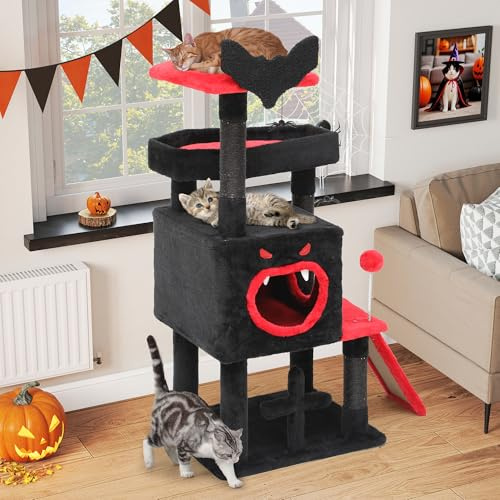 YITAHOME Tiragraffi gotico, torre tiragraffi a più piani con due posatoi, piattaforma da terra, rampa da arrampicata, pom pom ball, ornamenti ragni e tronchi sisal, Halloween per gatti, nero e rosso