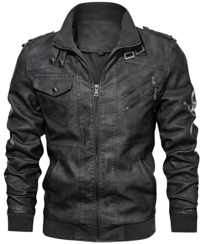 Generico Giacca Pelle da Uomo Giacca Moto Antivento con Cappuccio Invernale Giacche Outdoor Parka di Pelle PU Slim Fit Giubbotto Manica Lunga Biker