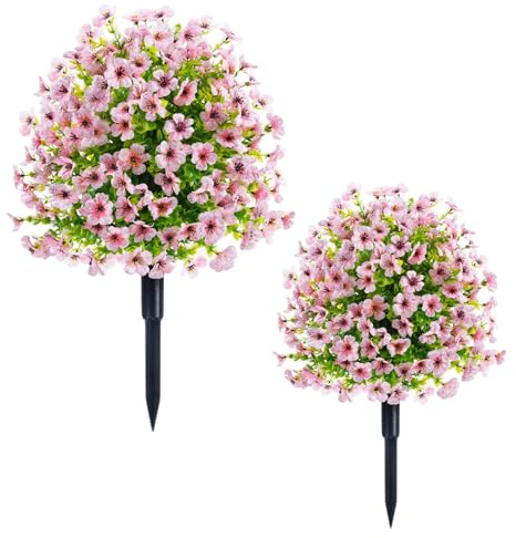 GarveeHome Juego de 2 Bolas de boj Artificiales con estaca, 60 x 40 cm, Planta Artificial de plástico con Flores, Resistente a los Rayos UV, decoración de jardín, arbustos, Plantas Artificiales para