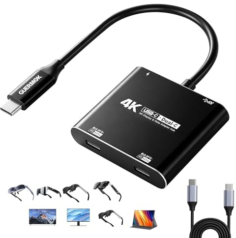 Guermok, Dubbel USB-C-skärmhubb, 4K@60Hz, PD100W, USB3.0, 5 Gbps, streaming | Laddning under videovisning, Kompatibel med AR-glasögon, Plug & Play utan drivrutin, USB-C telefoner, bärbara datorer, PD100W