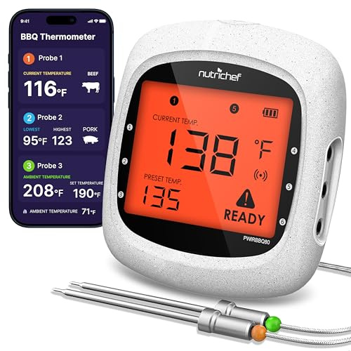 NutriChef Bluetooth Meat Thermometer for Grilling and Smoking - Wifi Grill Thermometer for Outside BBQ and Smoker Oven - 6 Temperature Probes and Smart APP and 400 Ft Range