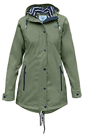 MADSea Damen Regenmantel Friesennerz 620 | halblanger wasserdichter Regenparka | winddicht mit maritimen, weiß/blauen Innenfutter, Oliv, Größe:44