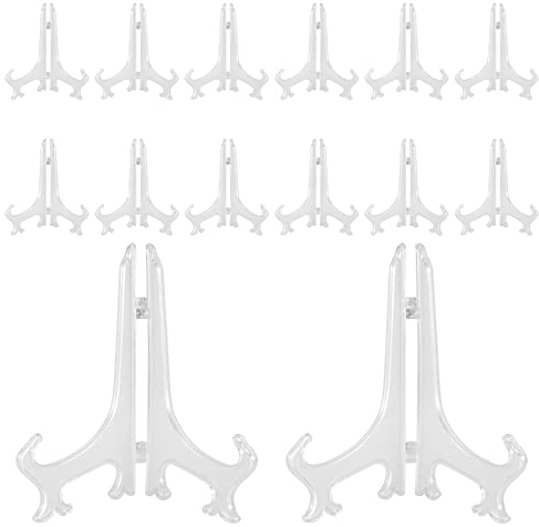 MUKCHAP 14 Pack 8 Inch Clear Plastic Plate Display Stands, Plastic Easel Stand Folding Plate Holder for Display Picture Frame