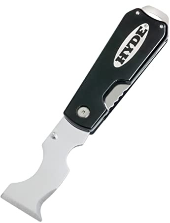 Hyde Herramienta de pintor plegable 5 en 1 de acero inoxidable que se pliega cerrado, limpia rodillos, extiende compuesto, raspa, limpia grietas, abre latas y cajas, color negro