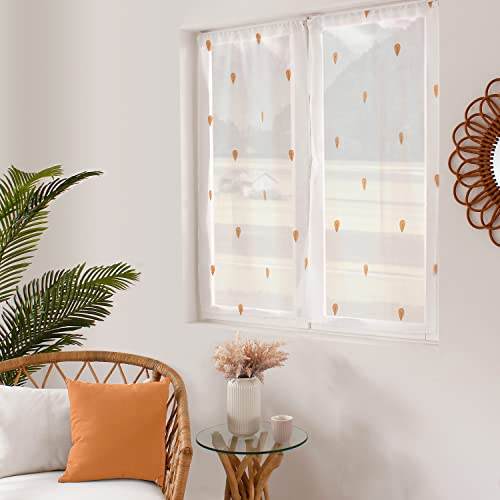 ED ENJOY HOME Paire de Vitrages, Voilages Passe Tringle, 60x160cm, Blanc, Broderie Jaune Miel, 100% Polyester Etamine, Collection Telline