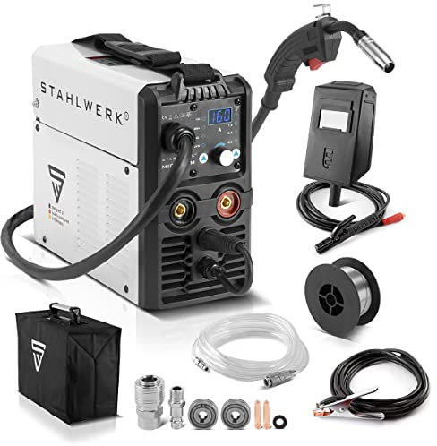 STAHLWERK MIG MAG 160 M Poste à souder IGBT Appareil combiné entièrement synergique 5 en 1 avec véritable 160 ampères et 2 rouleaux d'entraînement/fil fourré, MIG MAG, ARC MMA, Lift TIG