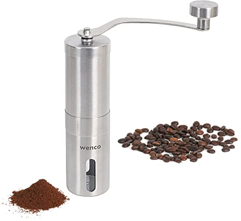 wenco Premium Kaffeemühle, Manuell, Verwendbar als Espressomühle und Coffee Grinder, Verstellbarer Mahlgrad, 16,5 x 4,5 x 22 cm, Edelstahl, Silber