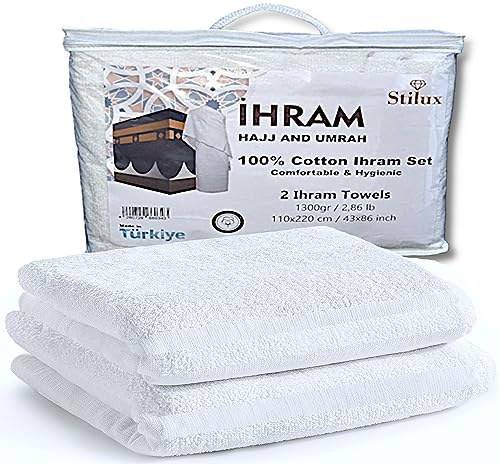 Stilux Herren Ihram Ehram Ahram Set für Hajj und Umrah 1300gr | 2 weiße Handtücher 110x220 cm | 100% natürliche Baumwolle| hygienisch, bequem & schnell trocknend