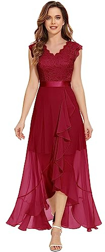 Dressystar Elegant aftonklänning, bröllop, v-ringad, cocktailklänning, maxiklänning, Vokuhila-brudtärneklänning, Mörkröd, S