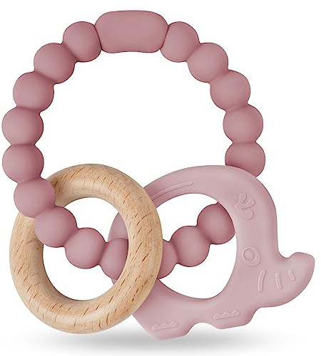 Vicloon Mordedor Bebe, Mordedor de Madera y Silicona del Juguetes para la dentición, Juguetes de Madera Bebé Masticar para Calmar Las Encías de Los Bebés para Bebés de Más de 3 Meses（Rosa oscuro）