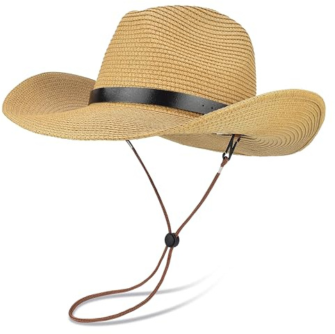 Adjustable Straw Cowboy Hat for Men Women, Western Cowgirl Hat Large Shapeable Wide Brim Sun Hat with Detachable Chin Strap