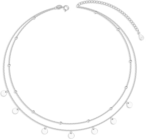 SILBERTALE Choker Halsketten 925 Sterling Silber Kette mit Coin Plättchen Anhänger KugelKette Layered Verstellbare Ketten für Damen