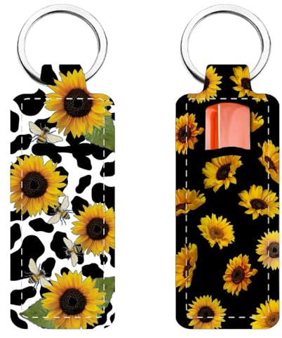 FREEBLOSS 2Pcs Chapstick Holder Keychain 1.5x3.8'' Lip Balm Holder Keychain Lightweight Lipstick Sleeve Pouch with Sunflowers Pattern for Women Girls