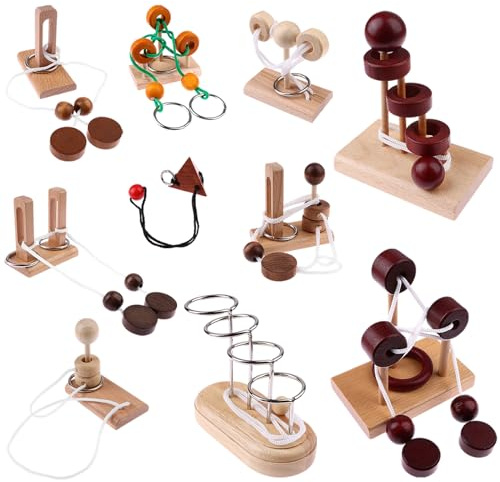 Oppaxf 10 PCS Wooden Rope Puzzle Set Brain Teasers Puzzles Mind Toys for Adults Boys Girls Wooden Threading Rope Loop Toy Mind Toys Educational Toy-s for Family Game Educational Challenge Party Favor