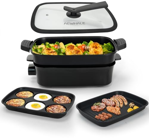 AEWHALE 3 en 1 Sartén Multifuncional Grill Eléctrico,Sartén eléctrica con tapa de cristal 1500W Revestimiento Antiadherente,Superficie Extraíble y asas de tacto frío Sartén eléctrica para Panqueques