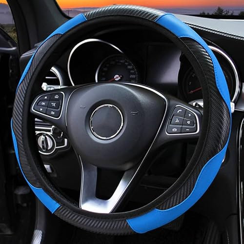 Car Steering Wheel Cover, Universal Size Steering Wheel Cover Fit 37-38cm/14.5-15inch, Anti-slip Carbon Microfiber Steering Wheel Cover, Breathable Car Accessory Steering Wheel Protector Cover, Blue